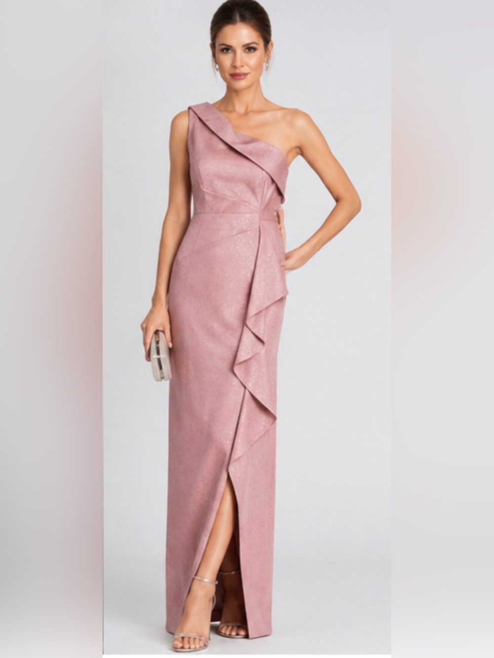 NWT Teri Jon by Rickie Freeman Metallic Pink One-Shoulder Ruffle Gown Size 4